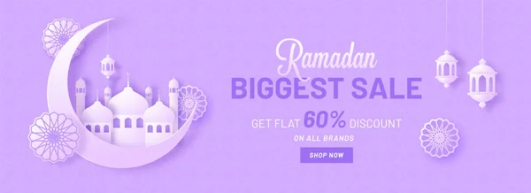 Ramadan största försäljning, webbplats header eller banner design med månskära, moskén på lila bakgrund. — Stock vektor