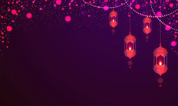 Подсвеченные подвесные фонари на сияющем фиолетовом фоне . — стоковый вектор