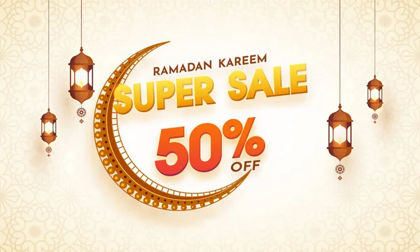 Ramadan Kareem, Super försäljning Banner Design med gyllene månskära. — Stock vektor