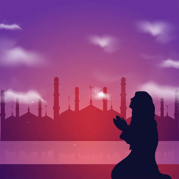 Silhouette of a Muslim girl praying infront of mosque. Holy mont — Stock Vector