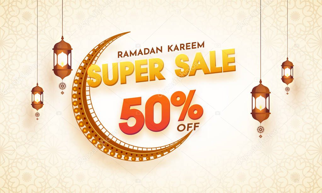 Ramadan Kareem, Super Sale Banner Design with crescent golden moon.