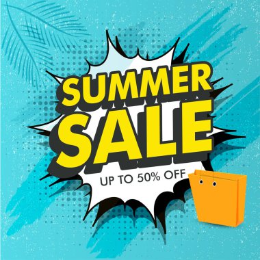 Popüler sanat tarzı ile % 50 indirim teklif yaz satış, poster, afiş veya el ilanı tasarımı.
