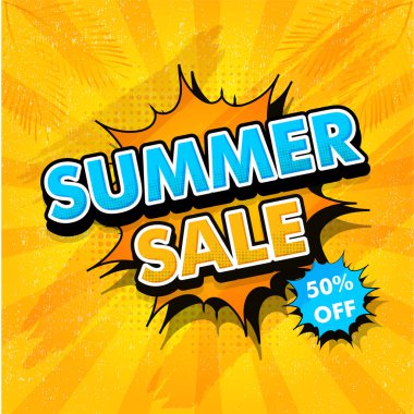 Popüler sanat tarzı ile % 50 indirim teklif yaz satış, poster, afiş veya el ilanı tasarımı.