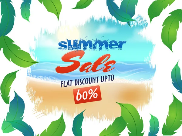 Venda de verão, cartaz, banner ou design de panfleto com folhas verdes e vista para a praia, até 60% oferta de desconto plana . — Vetor de Stock