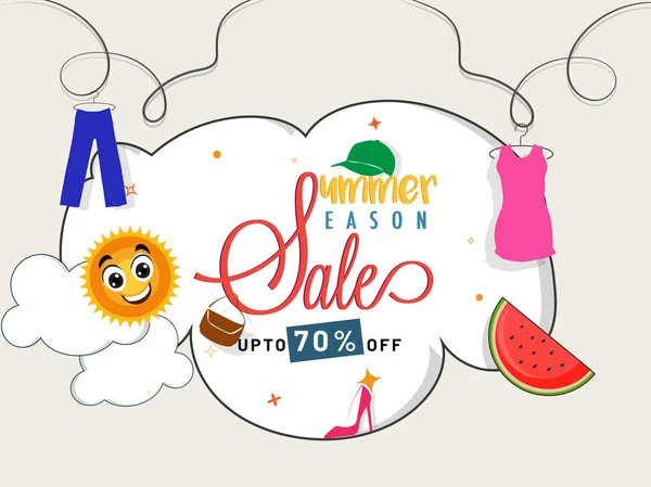 Zomer seizoen verkoop, poster, banner of flyer ontwerp met hangende zomer kleding, zon, watermeloen slice en t/m 70% korting aanbiedingen. — Stockvector
