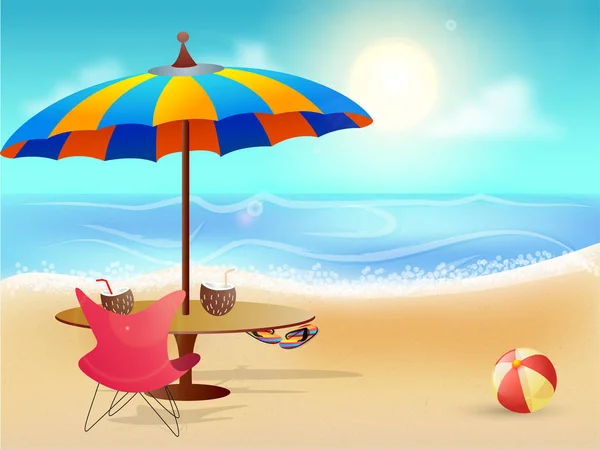 우산, 테이블 및의 자, 화창한 날 배경 여름 해변 배경. — 스톡 벡터
