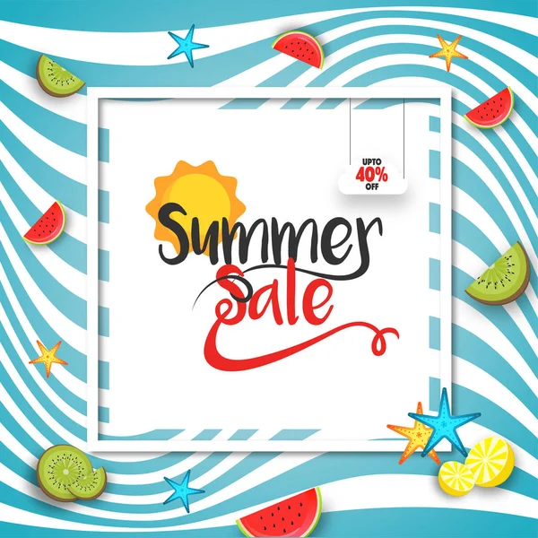 Banner de venda de verão, design de panfleto ou cartaz com texto elegante e fatias de frutas sazonais . — Vetor de Stock
