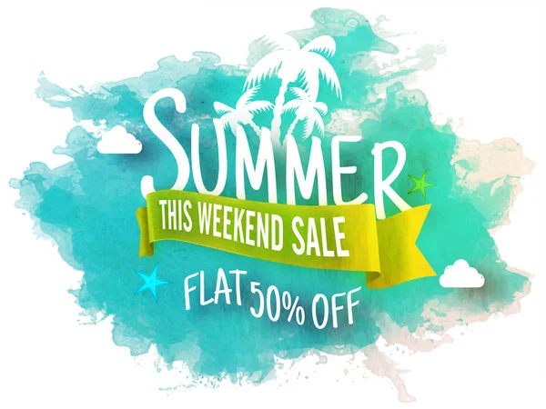 Стильный текст Summer, this weekend sale with sun and palm trees — стоковый вектор