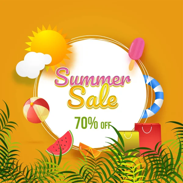 Design de banner de venda de verão com sol, bola de praia, melancia, sacos de compras, elementos de sorvete com 70% de desconto em ofertas . —  Vetores de Stock