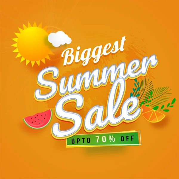 Biggest summer sale poster design with sun, watermelon, and 70% — Stock Vector