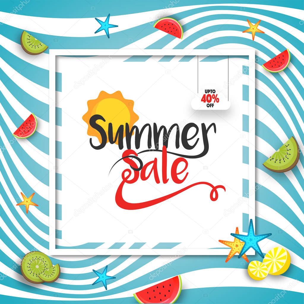 Summer sale banner, flyer or poster design with stylish text and seasonal fruits slices.