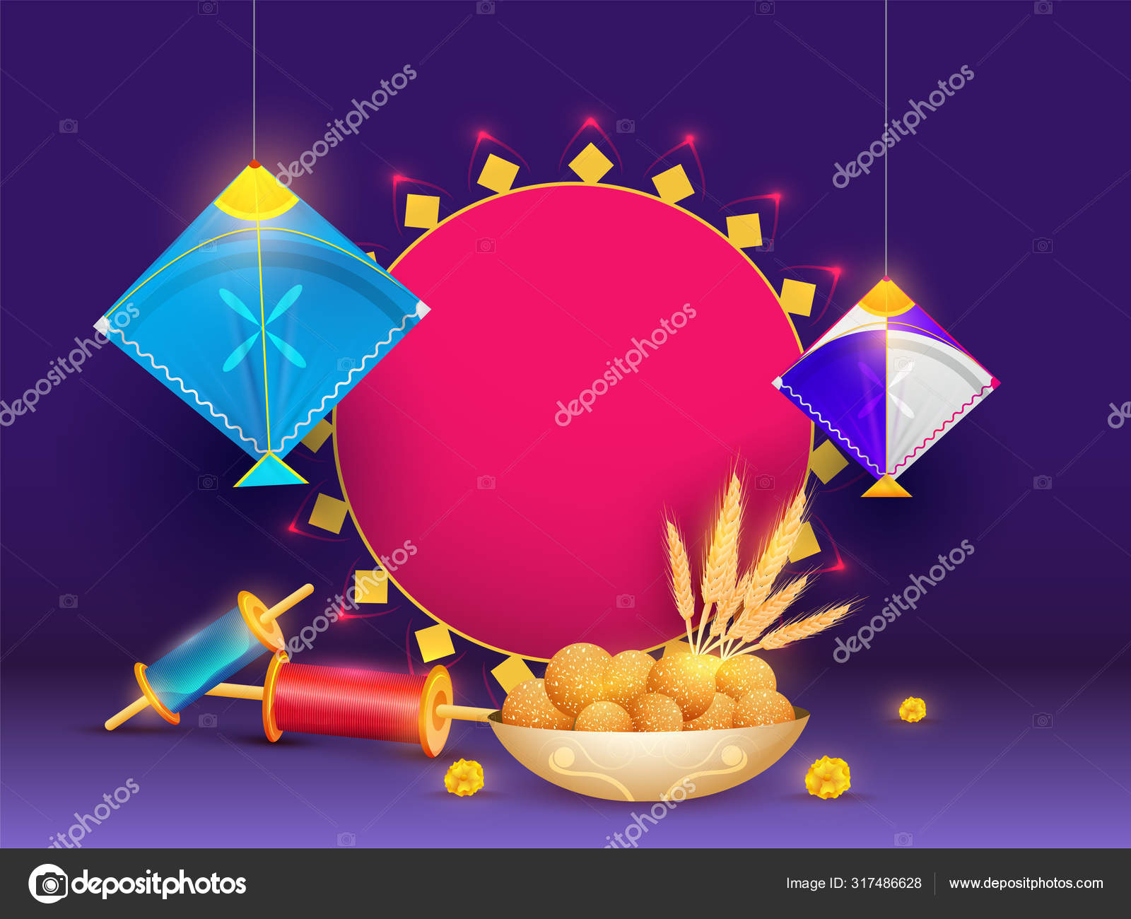 Makar Sankranti banner or poster design with hanging kite, strin Stock  Vector Image by ©alliesinteract #317486628