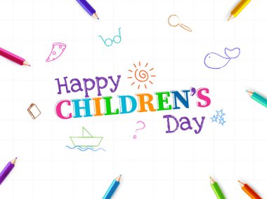 Doodle tarzı Mutlu Çocuk Günleri. Kağıt tekneli mesaj, Magnifyi.