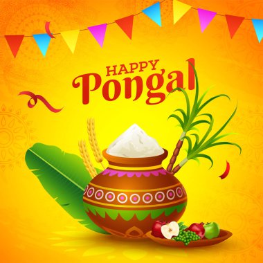 Mutlu Pongal kutlama posteri tasarımı, içi pirinç dolu çamur tenceresi.