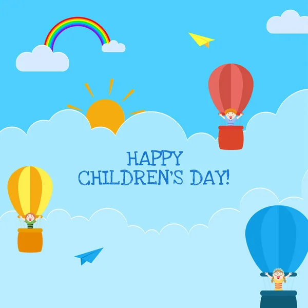 かわいい子供たちが飛んで幸せな子供の日のグリーティングカードのデザイン — ストックベクタ