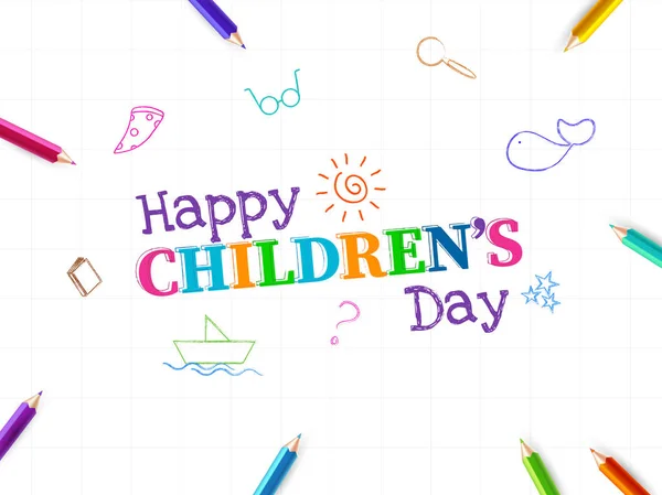 Doodle style Happy Children 's Day κείμενο με χάρτινη βάρκα, magnifyi — Διανυσματικό Αρχείο