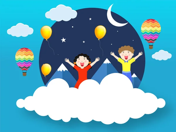 Těší malý chlapec a dívka charakter s horami a balónem — Stockový vektor