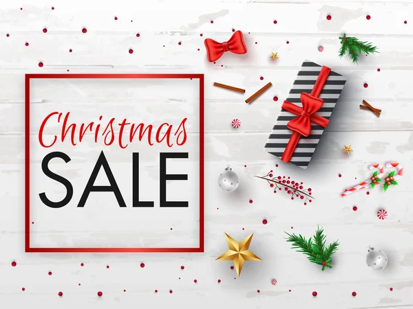Karácsonyi Eladó banner vagy poszter design felülnézetből ajándék doboz — Stock Vector