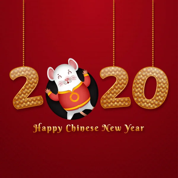 Golden text 2020 hanging with cartoon character of rat dancing o — Stock Vector