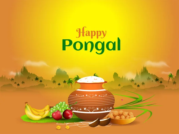 Diseño de tarjeta de felicitación Happy Pongal con olla de barro llena de arroz, azúcar — Vector de stock