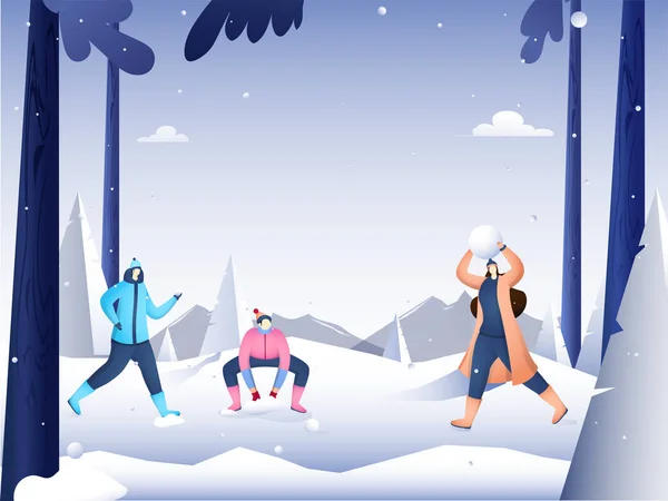 Personnages hommes et femmes sans visage profitant de la saison hivernale sur neige — Image vectorielle