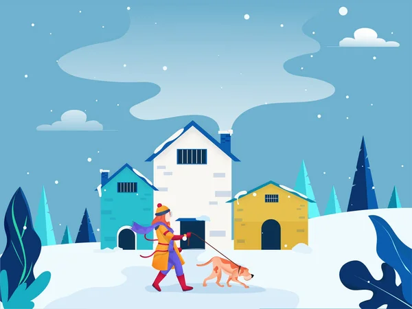 Gesichtslose Frau trägt Hund vor Haus in verschneiter Natur — Stockvektor