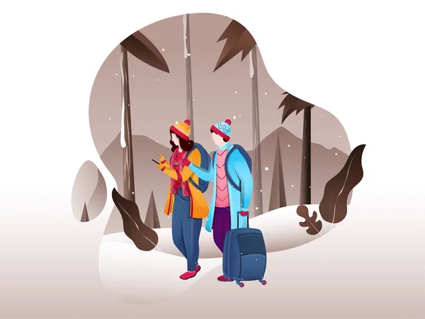 Turysta omówić z kobietą z torbą bagażu na zimowy landscap — Wektor stockowy