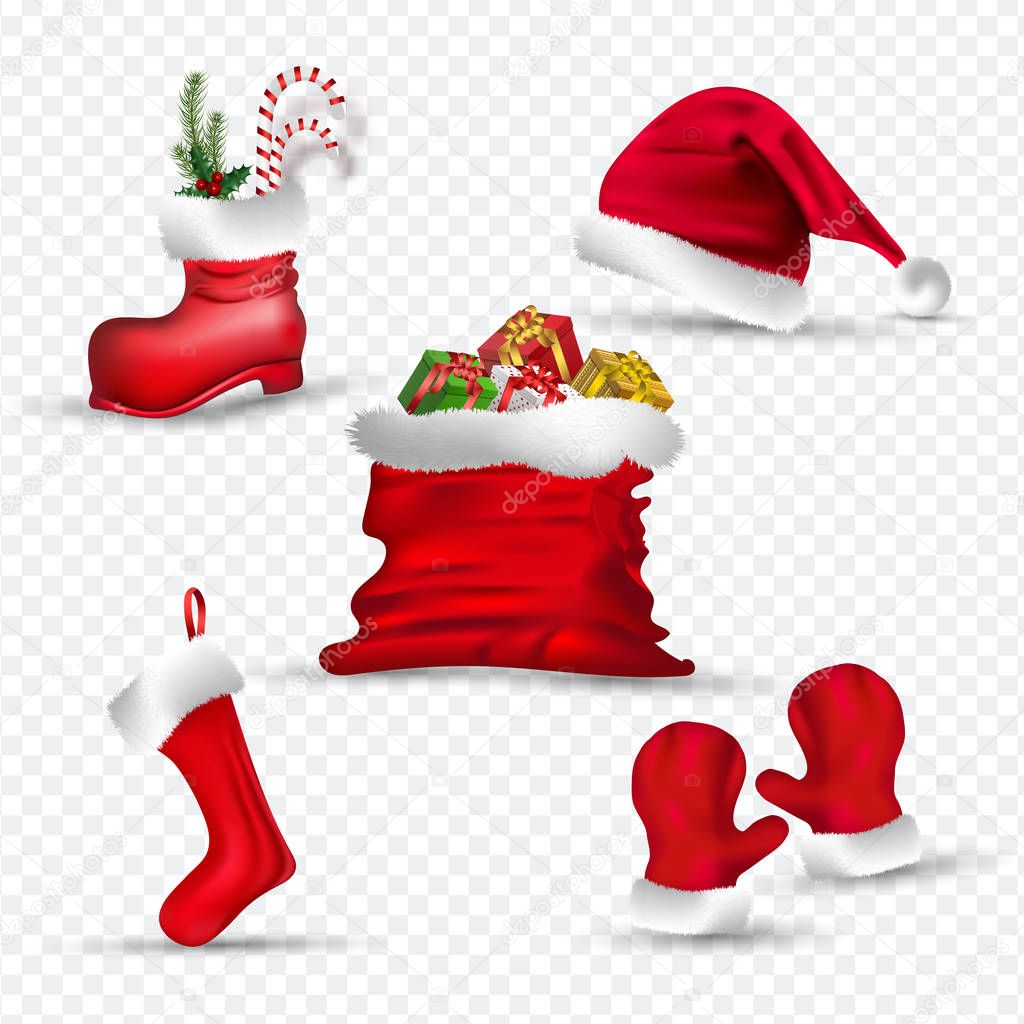 Santa clothes like as gloves, sock, hat, boot and gift sack on p