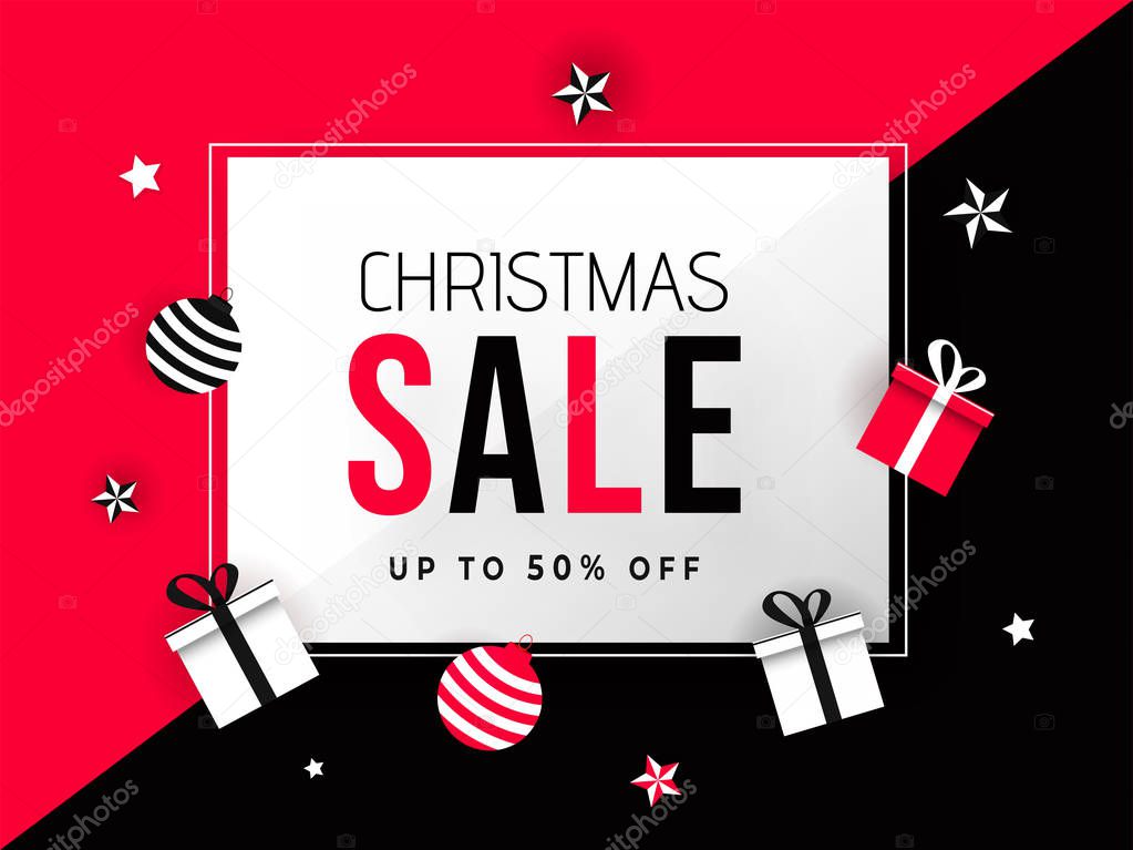 Christmas Sale banner or poster design with 50% discount offer, 