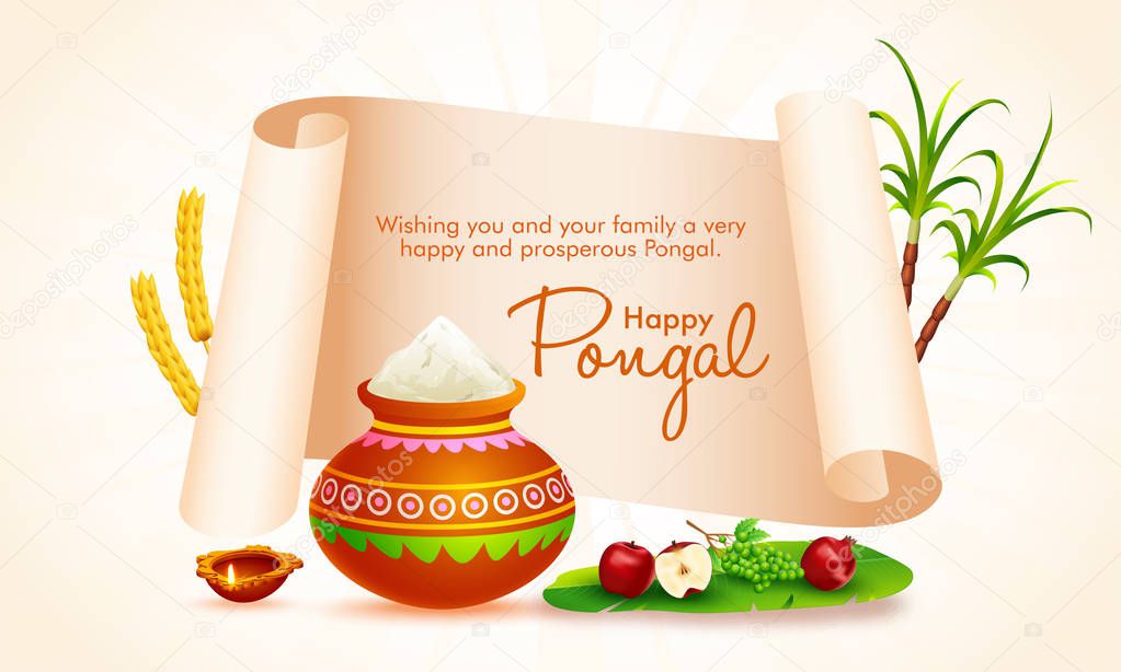 Happy Pongal festival message card in scroll paper style with fr