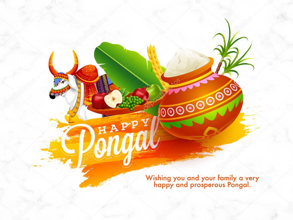 Happy Pongal festival message card design with rice mud pot, fru