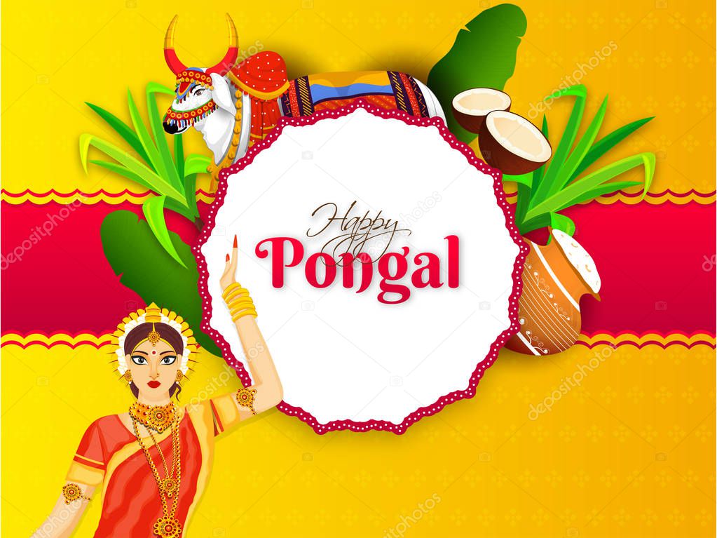 Happy Pongal greeting card design with beautiful woman, ox chara