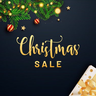 Noel İndirimi 'nin altın metni. Hediye kutusu, çam yaprağı, takı.