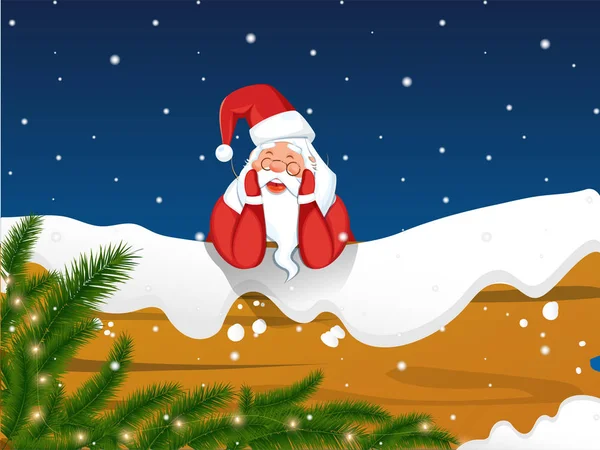 Glücklich Weihnachtsmann Charakter und Pinienblätter mit Leuchtstoff dekoriert — Stockvektor