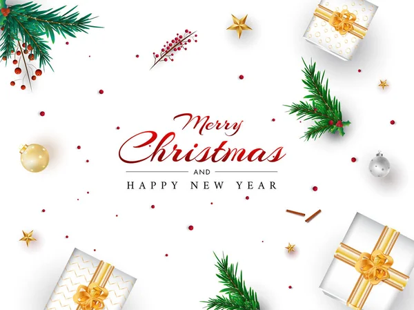 Merry Christmas and Happy New Year text with top view of gift bo — Stock Vector