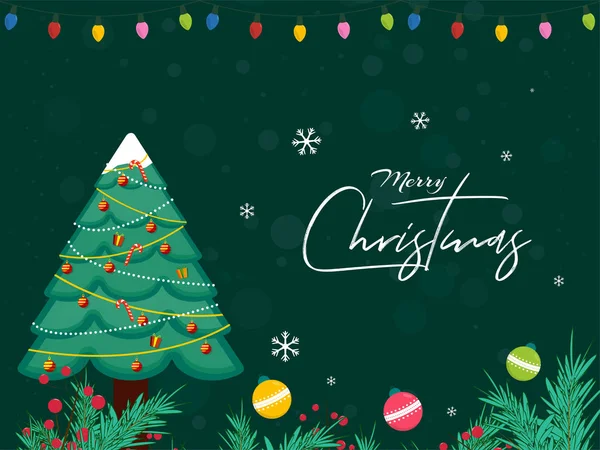 Design di biglietti di auguri in stile piatto con albero di Natale decorativo, baubl — Vettoriale Stock