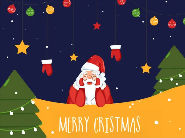 Lindo Santa Claus con árbol de Navidad, guantes colgantes, estrellas y baubl — Vector de stock