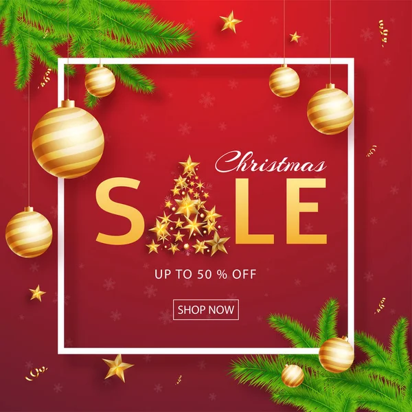 Cartel de venta de Navidad o diseño de plantilla con 50% oferta de descuento — Vector de stock