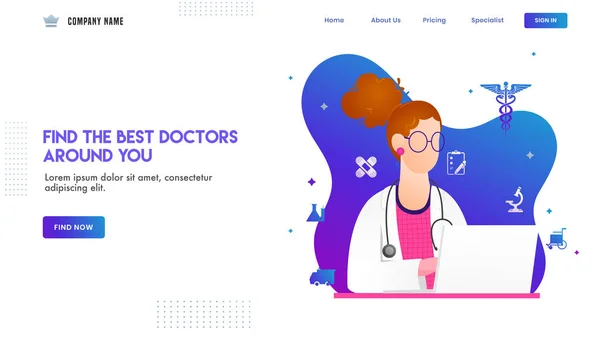 Landing pagina ontwerp met illustratie van de vrouw arts karakter — Stockvector