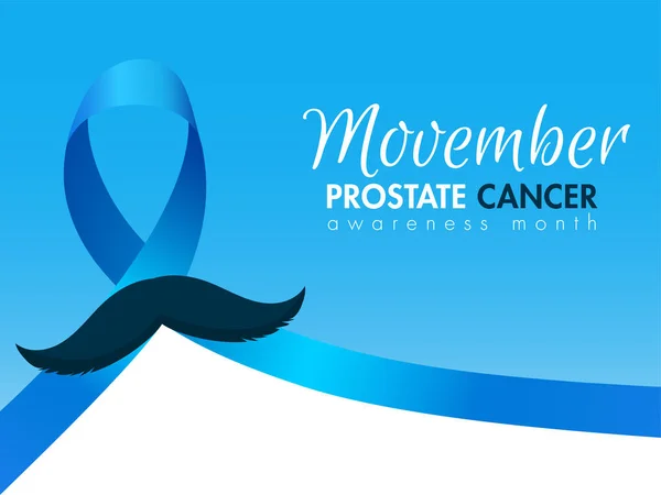 Nastro cancro alla prostata con baffi su sfondo blu e bianco — Vettoriale Stock