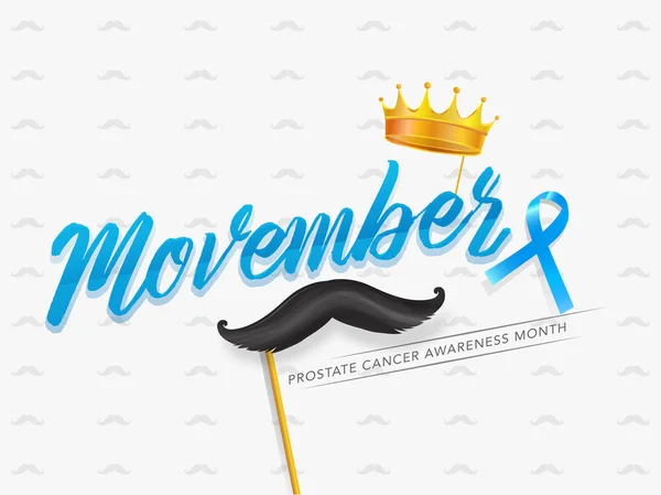 Caligrafía de Movember con cinta azul, corona dorada y musta — Vector de stock