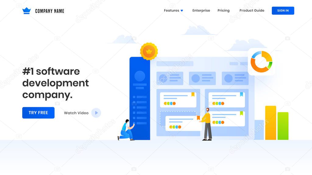 Landing page design with illustration of business men maintainin