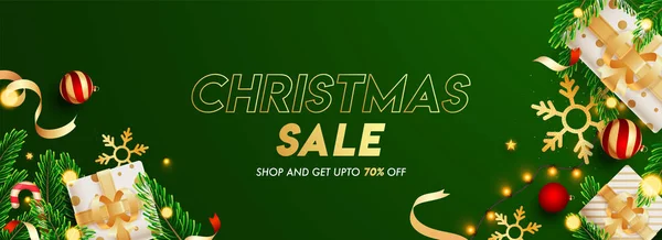 Groene header of banner ontwerp versierd met geschenkdozen, kerstballen — Stockvector
