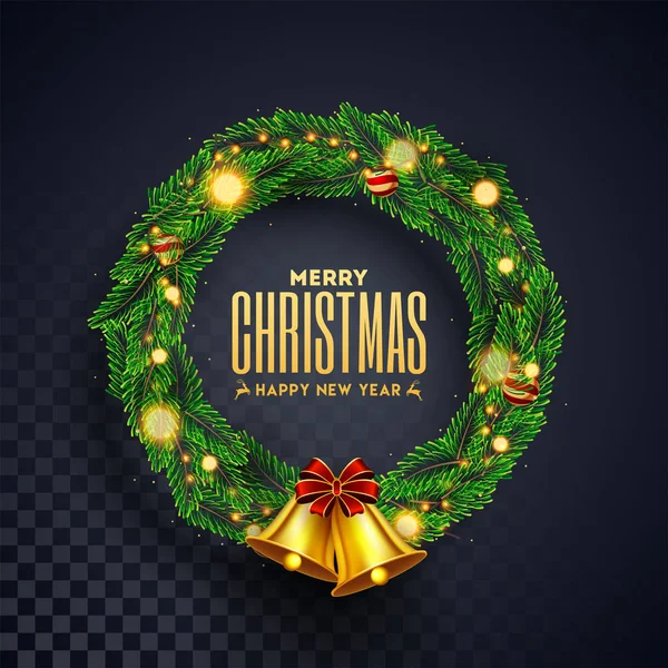 Corona de Navidad con campana de jingle de oro en negro transparente ba — Vector de stock