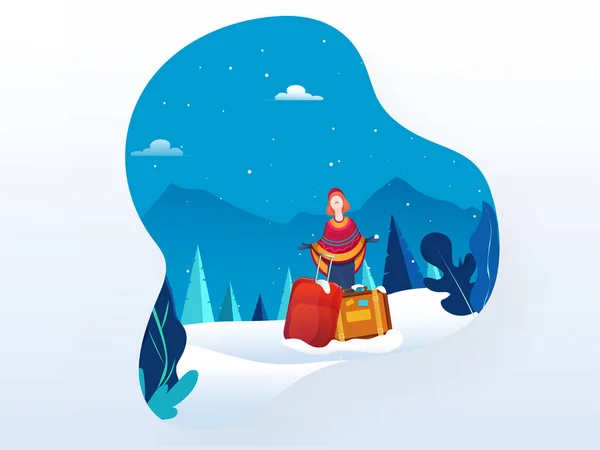 Jovem turística desfrutando de queda de neve com saco de bagagem na natureza — Vetor de Stock