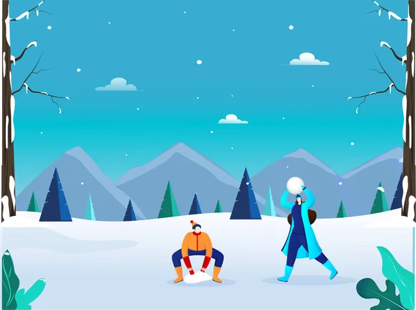Personnage sans visage homme et femme profitant de la saison hivernale sur neigeux — Image vectorielle