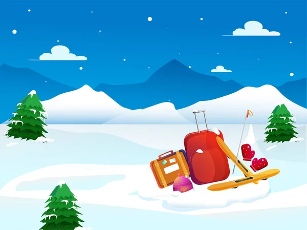 冬季景观背景与行李袋，手套，帽子和s — 图库矢量图片