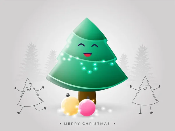 Personnages de bande dessinée de l'arbre de Noël décoré avec guirlande d'éclairage — Image vectorielle