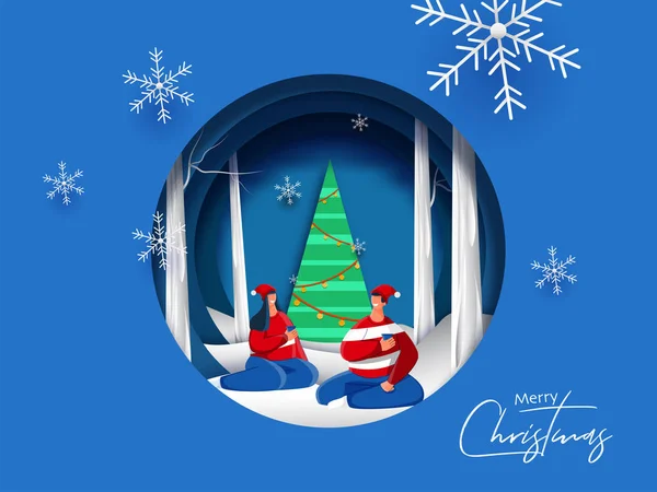 Projeto de cartão de saudação de estilo corte de papel com árvore de Natal decorativa a —  Vetores de Stock