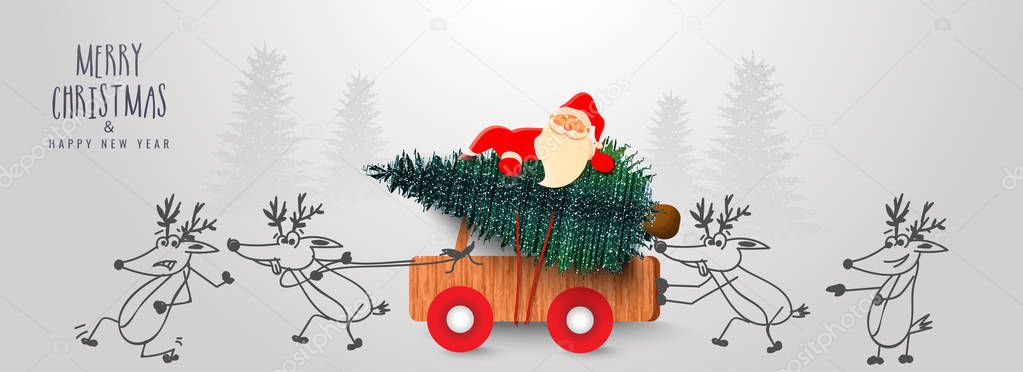 Cute santa claus carrying Xmas tree on wooden pickup truck pushi